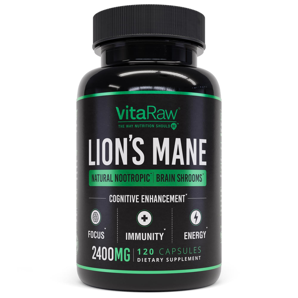 VitaRaw Lions Mane supplement bottle front for daily brain support.