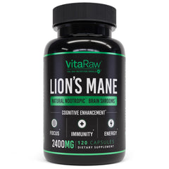 VitaRaw Lions Mane supplement bottle front for daily brain support.