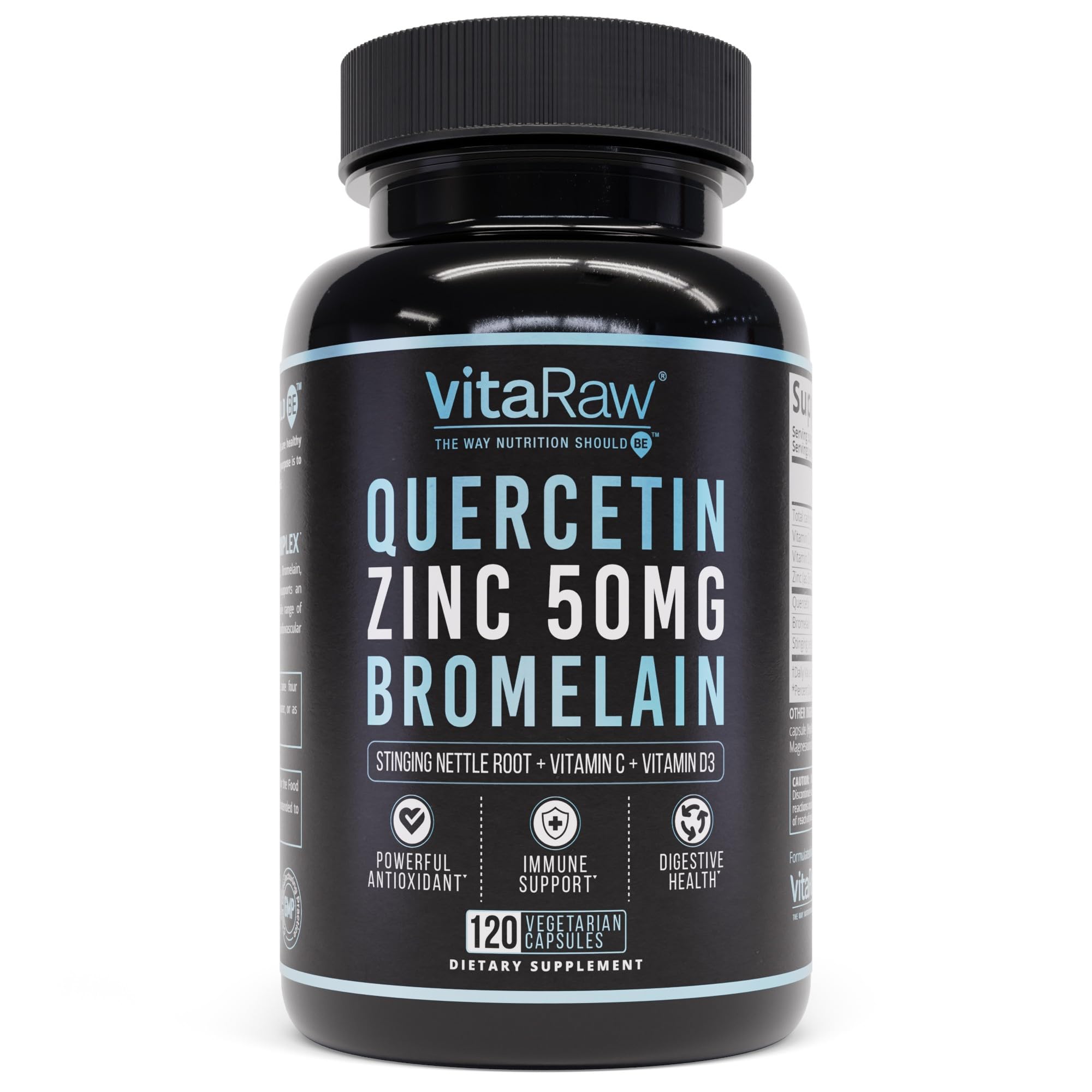 VitaRaw Quercetin with Bromelain bottle showcasing immune support capsules for daily wellness