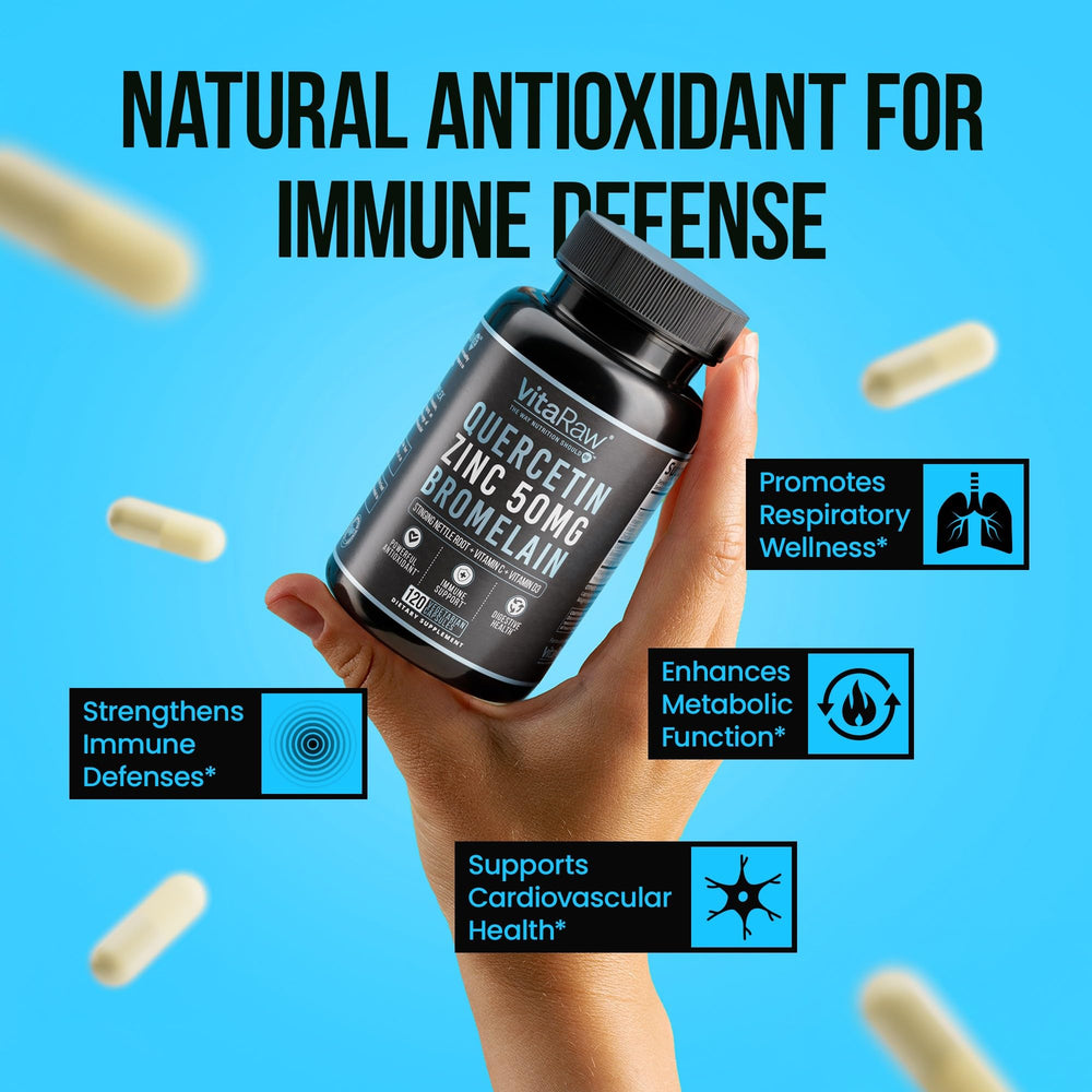 Product detail highlights vitamin C and zinc synergy in VitaRaw quercetin-bromelain