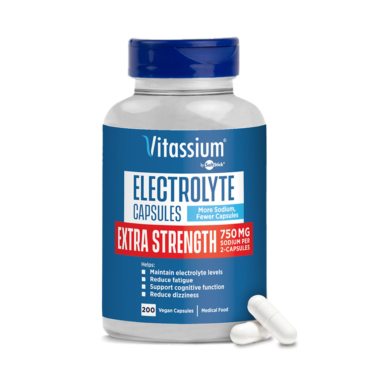 Vitassium electrolyte capsules bottle pour showing portable daily electrolyte support.