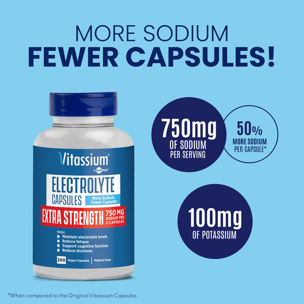 Vitassium electrolyte capsules closeup highlighting small, easy-to-swallow unflavored tablets.