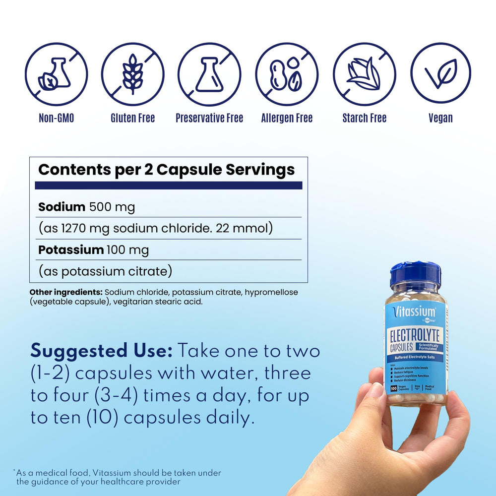 Label shows vegan, gluten-free, non-GMO Vitassium ingredients for clean support