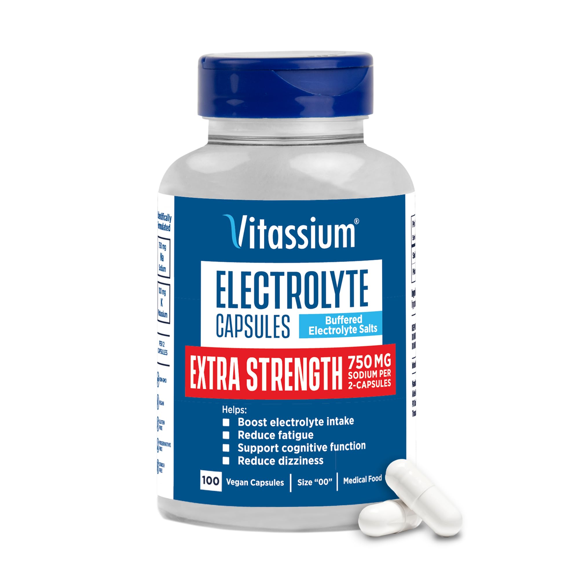 Vitassium extra-strength electrolyte capsules bottle for portable daily hydration.