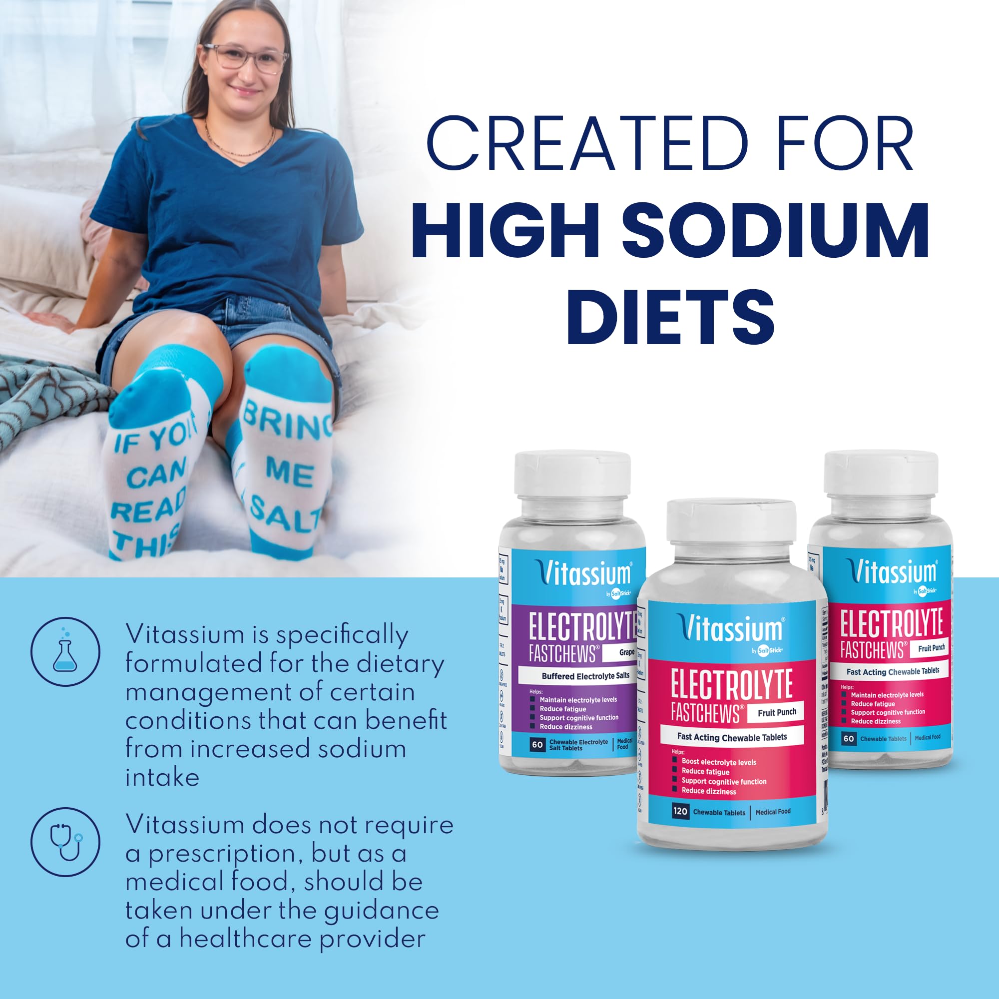 Vitassium FastChews bottle label highlighting gluten-free and allergen-free features.