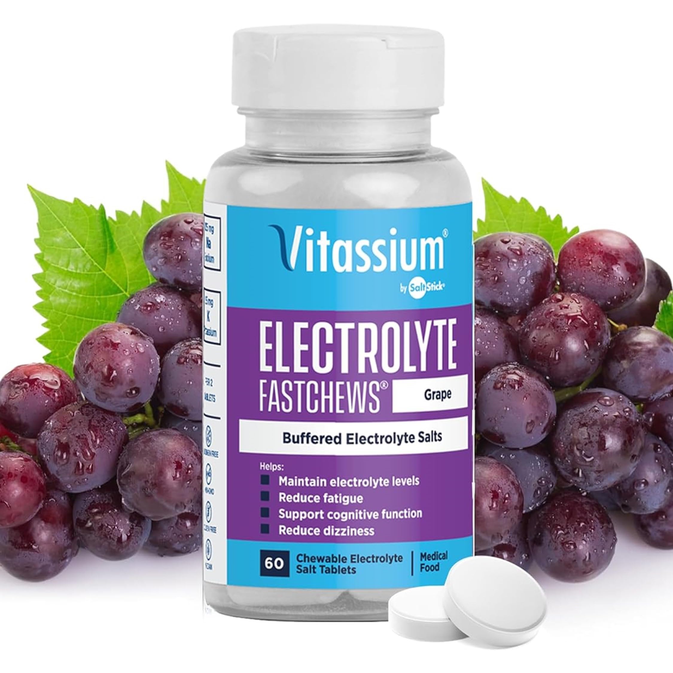 Vitassium FastChews bottle pouring to show quick electrolyte support for high-sodium needs.