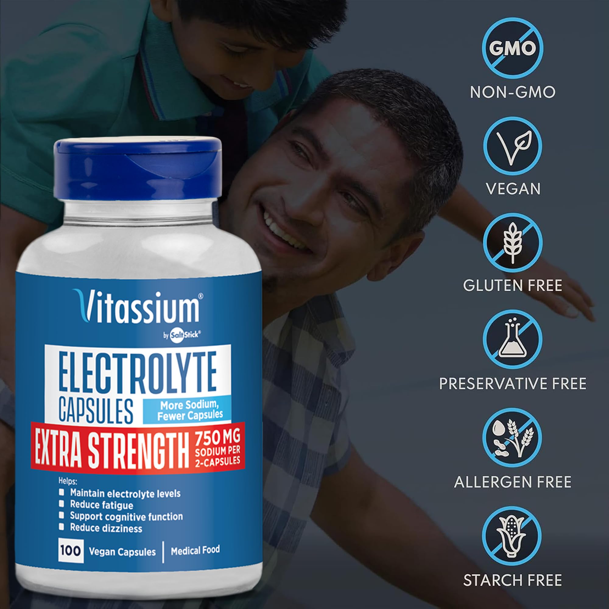 Vitassium gluten-free and allergen-free capsules for clean electrolyte support.