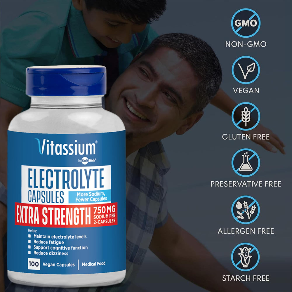 Vitassium gluten-free and allergen-free capsules for clean electrolyte support.