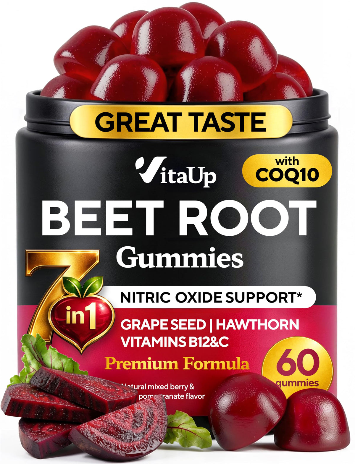 VitaUp Beet Root Gummies bottle front offering convenient daily circulation support.