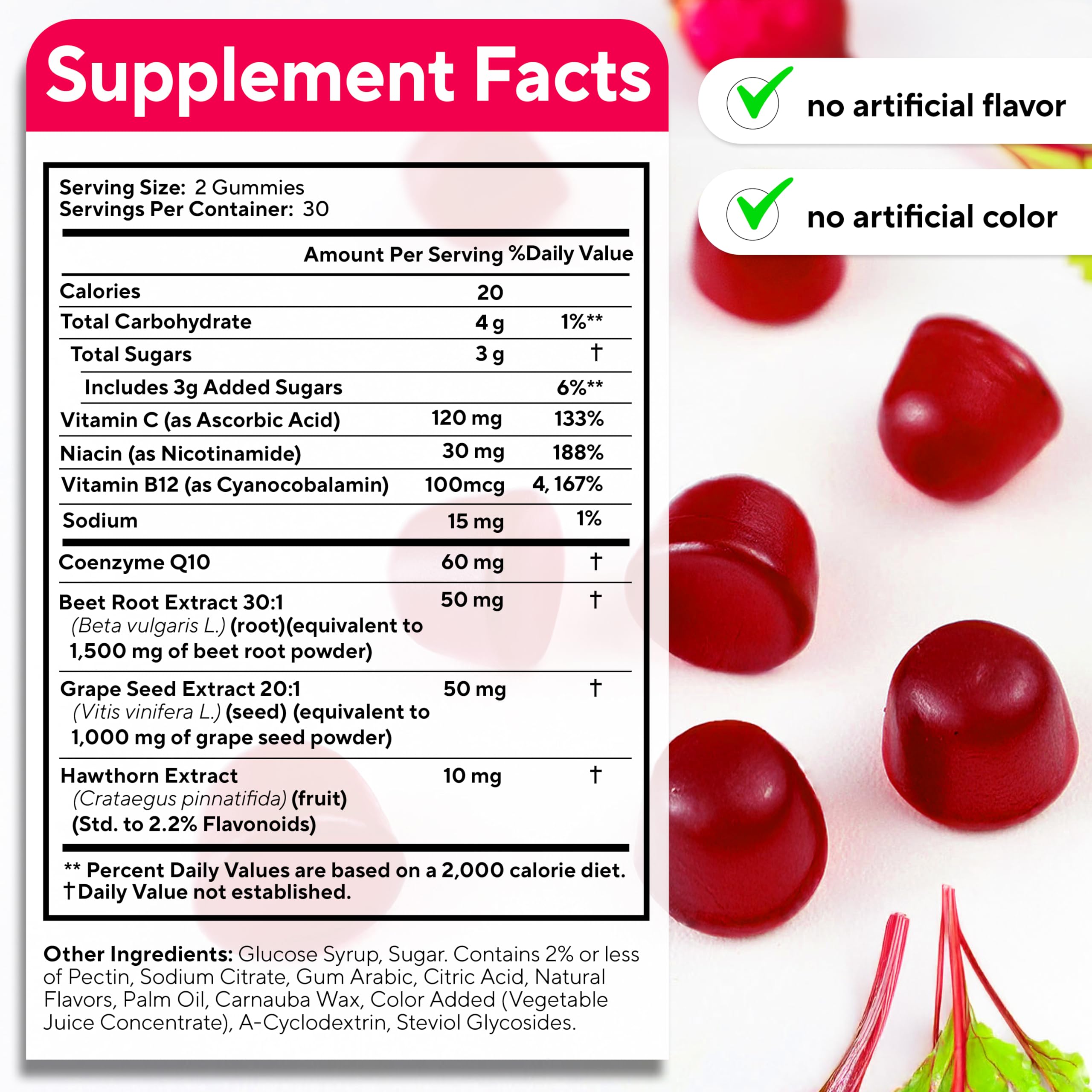 VitaUp Beet Root Gummies ingredients label featuring grape seed and niacin.