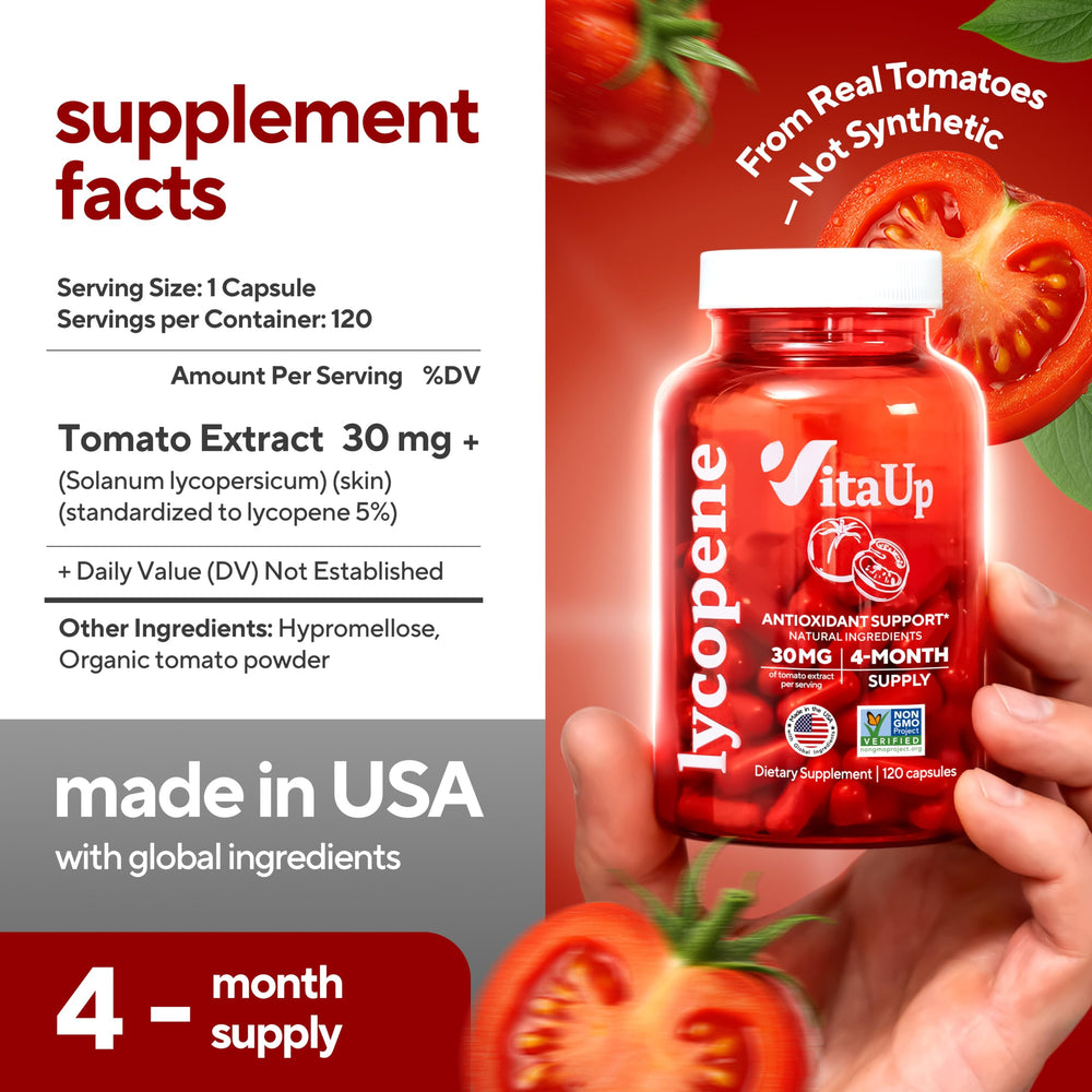 VitaUp lycopene capsules close-up showing natural-source antioxidant support.
