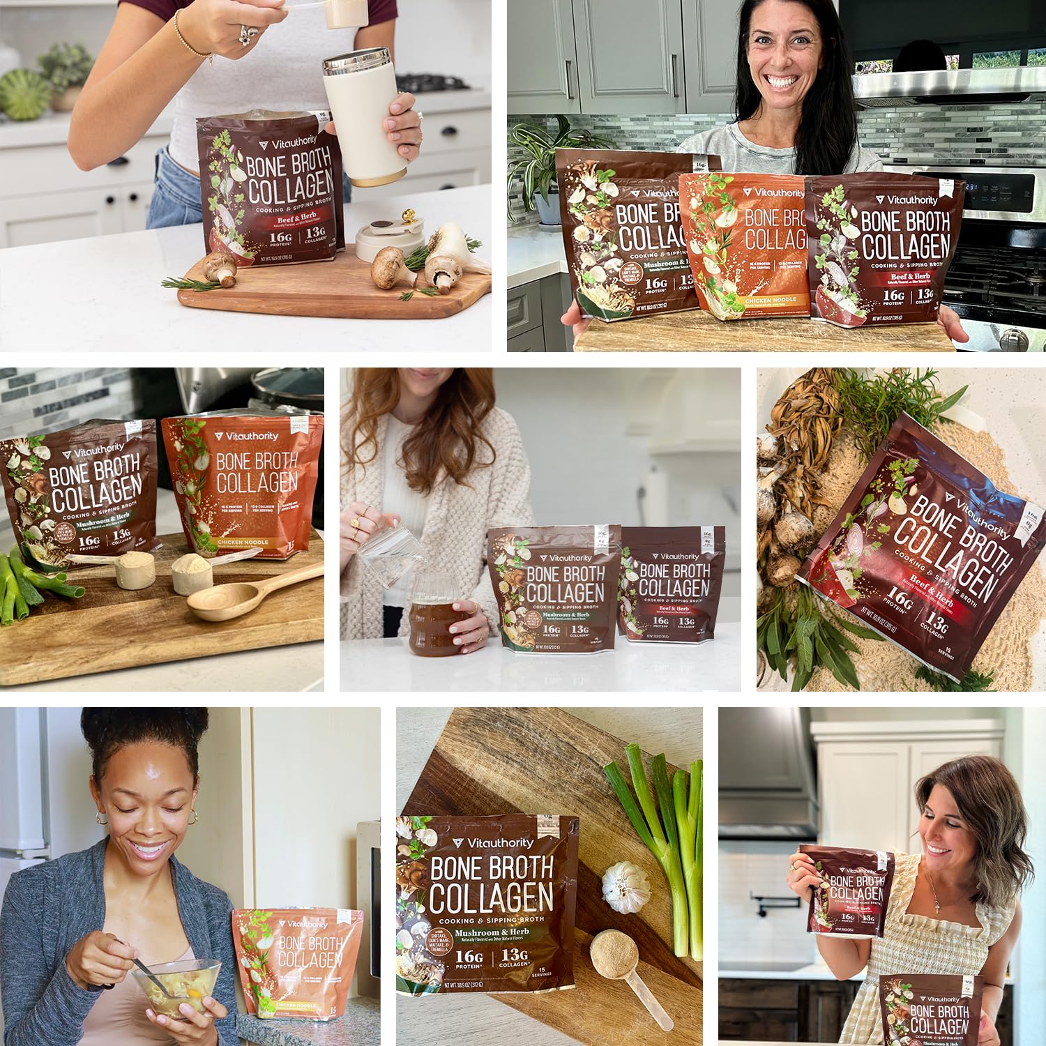 Vitauthority bone broth collagen chicken noodle powder provides 16g protein per serving.