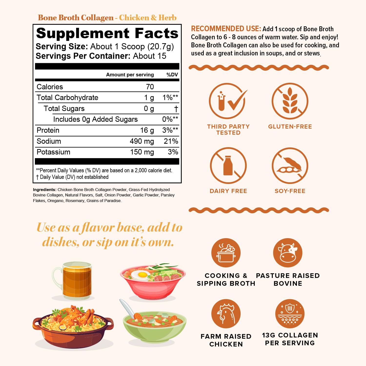 Vitauthority bone broth collagen chicken noodle powder blends into bowls for savory meals.