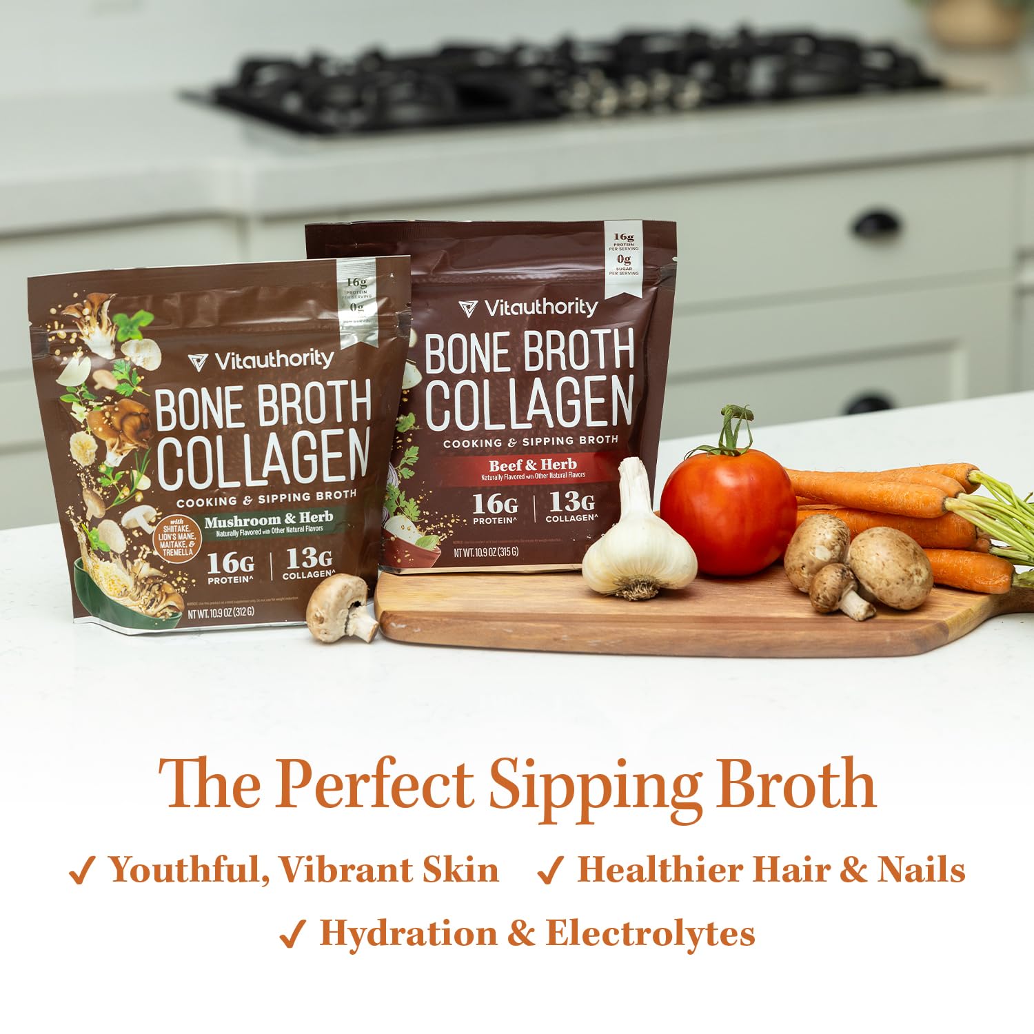 Vitauthority bone broth collagen chicken noodle powder cup-serve for convenient meals.