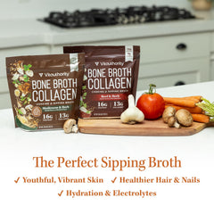 Vitauthority bone broth collagen chicken noodle powder cup-serve for convenient meals.