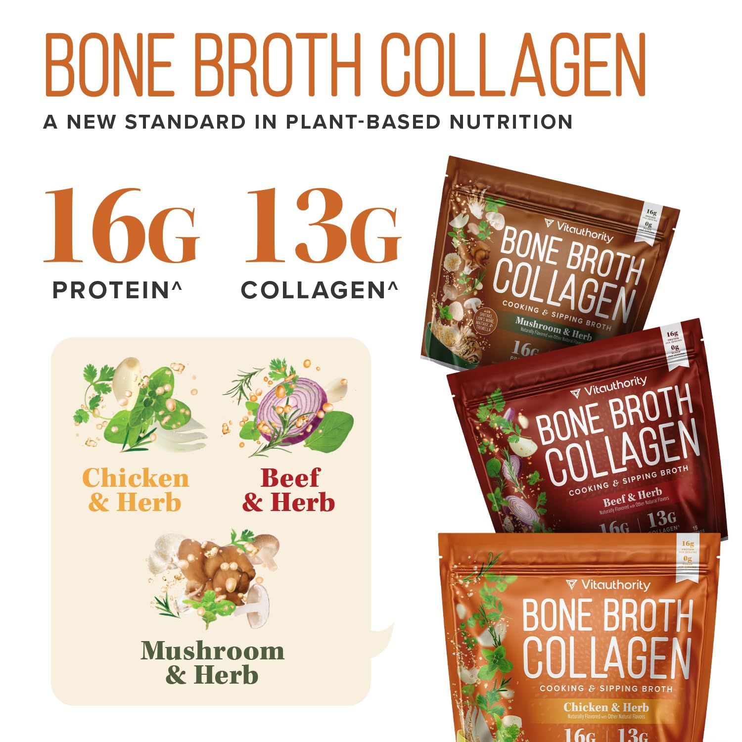 Vitauthority bone broth collagen chicken noodle powder dissolves easily for quick meals.