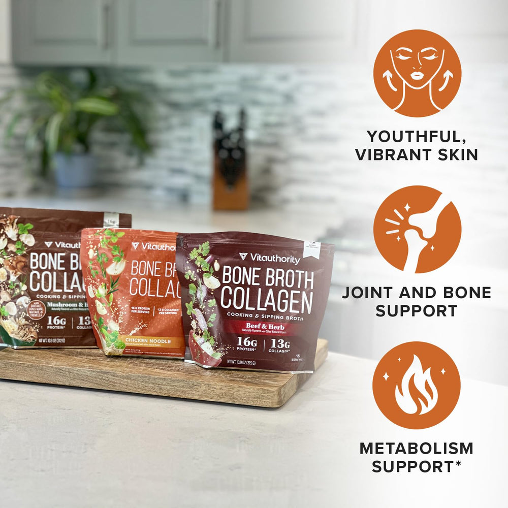 Vitauthority bone broth collagen chicken noodle powder ready when heated for a warm sip.