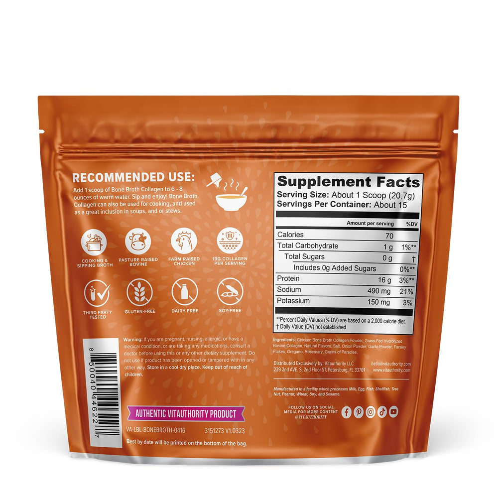 Vitauthority bone broth collagen chicken noodle powder offers a comforting, savory flavor.