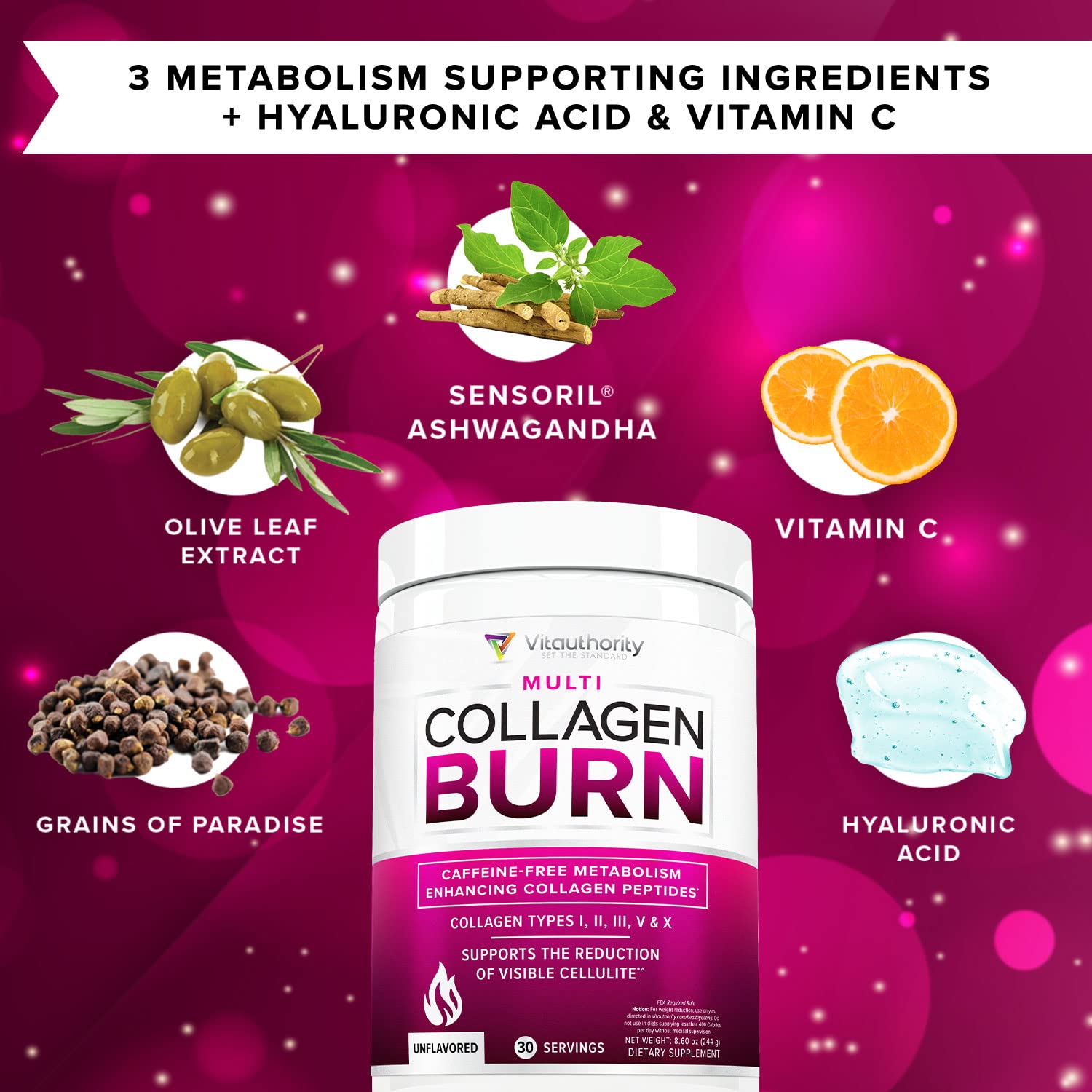Vitauthority collagen powder measuring cup illustrates precise, convenient daily dose.