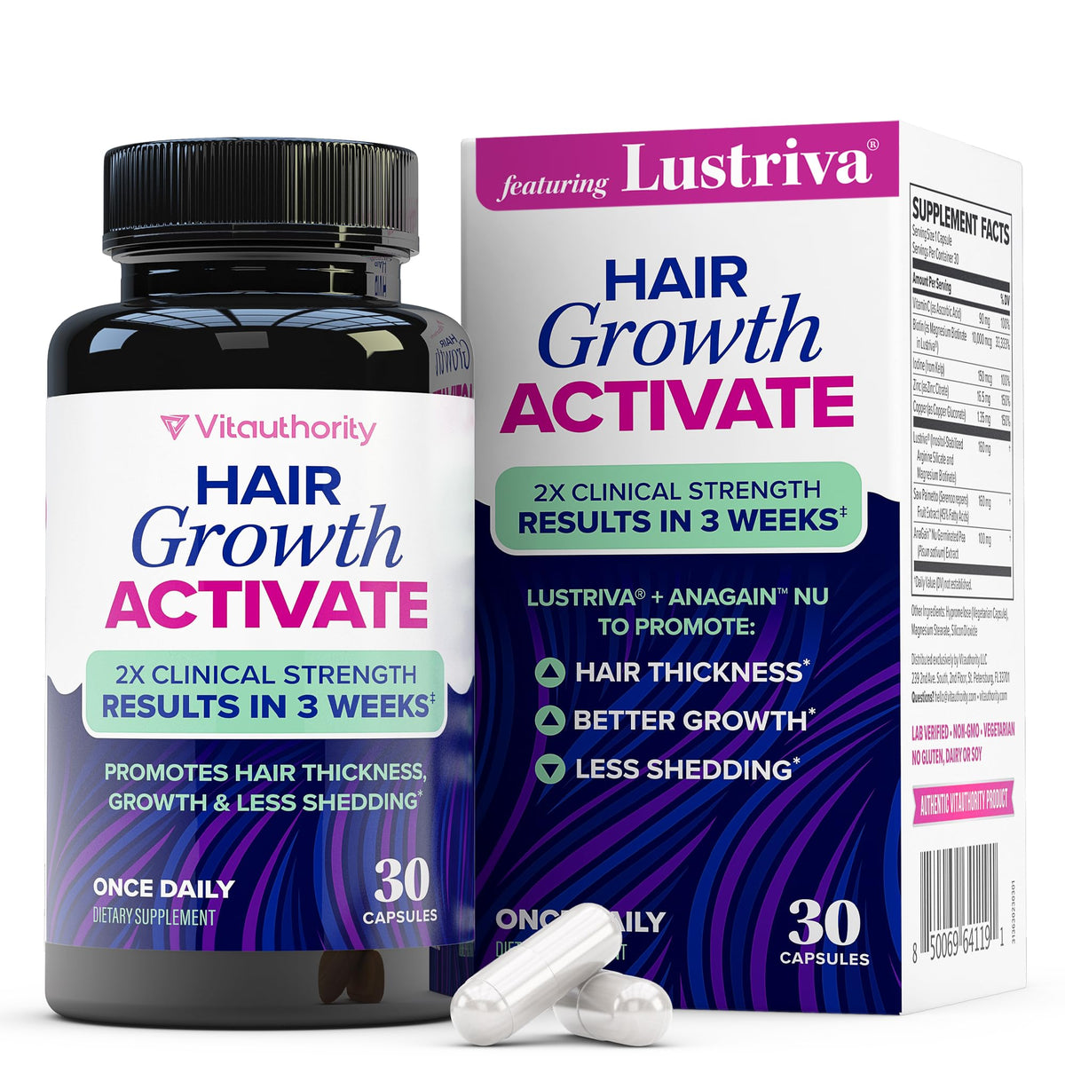 Vitauthority Lustriva bottle label shows clean, clinical design for hair support