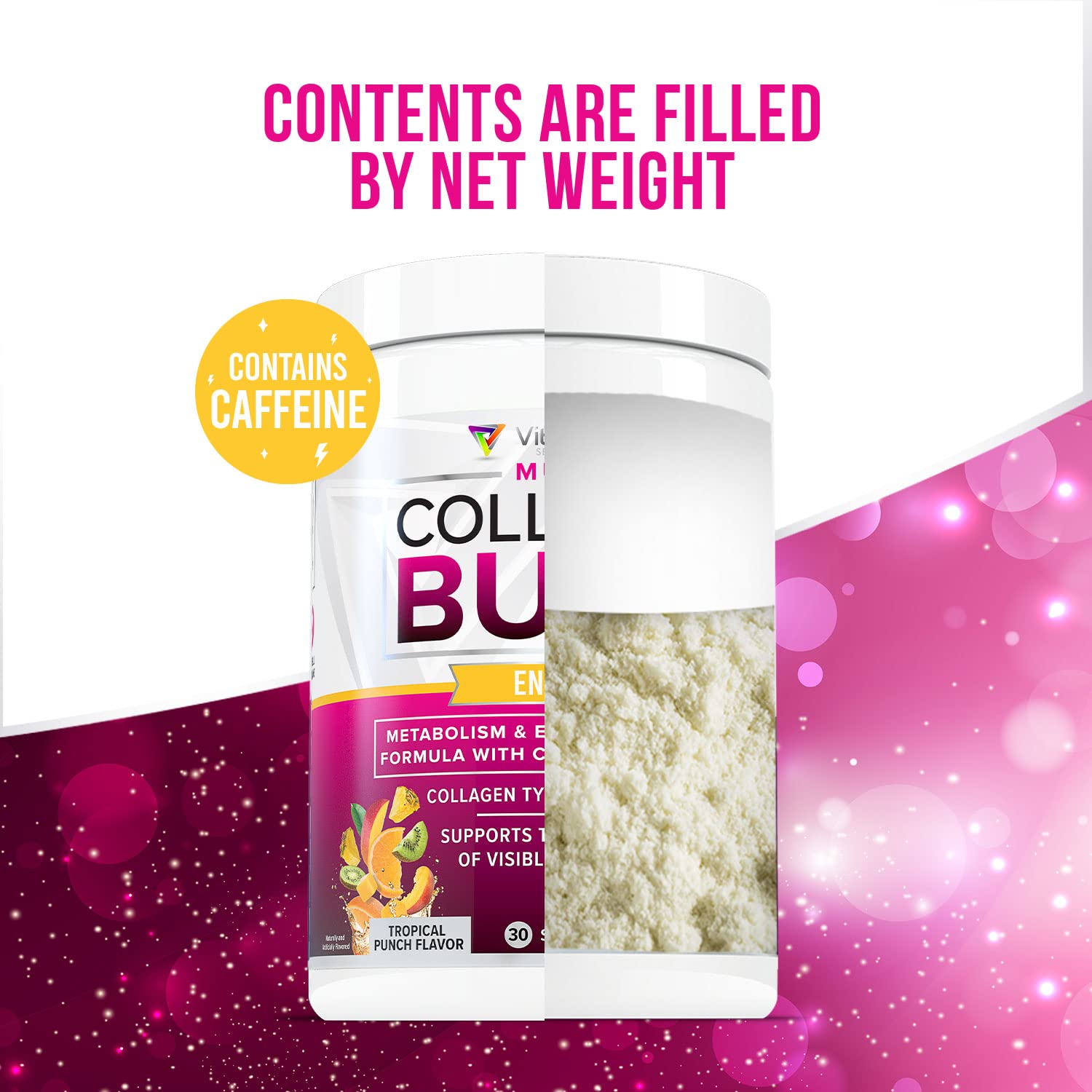 Vitauthority Multi Collagen Burn caffeine-energy image conveys morning pick-me-up benefits.