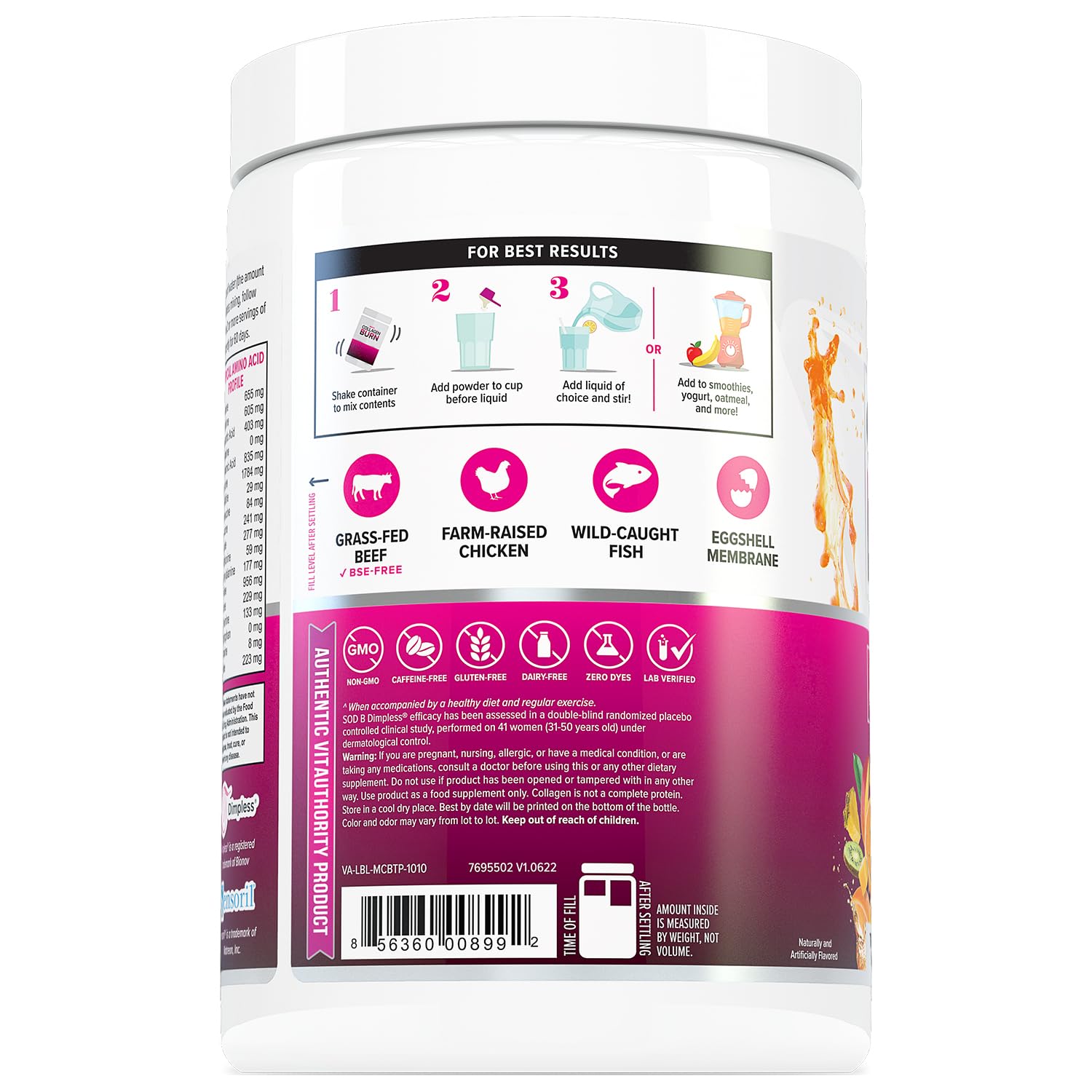 Vitauthority Multi Collagen Burn tropical-punch flavor shot on cup for daily use.