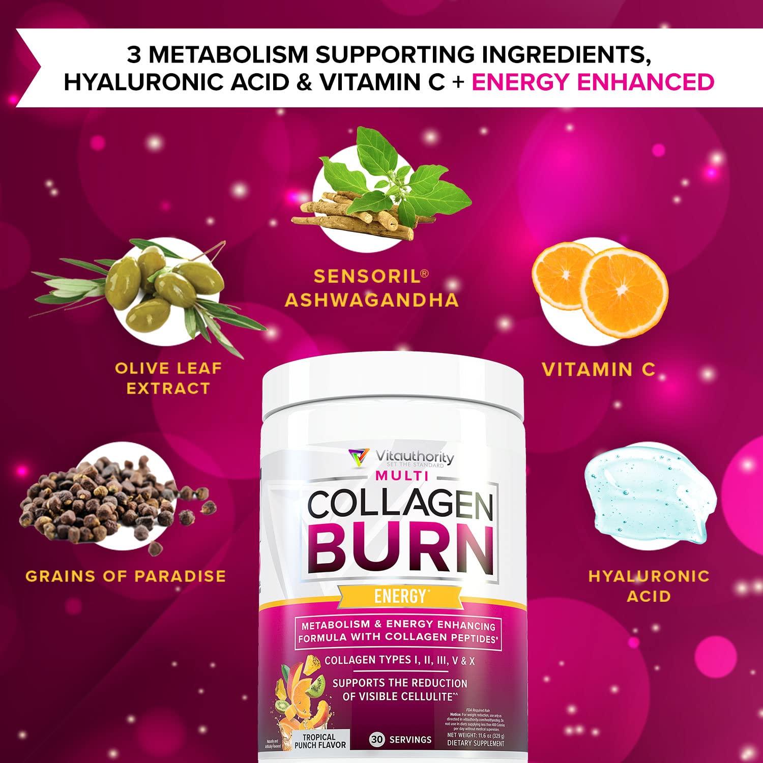 Vitauthority Multi Collagen Burn hyaluronic acid graphic emphasizes skin hydration and elasticity.