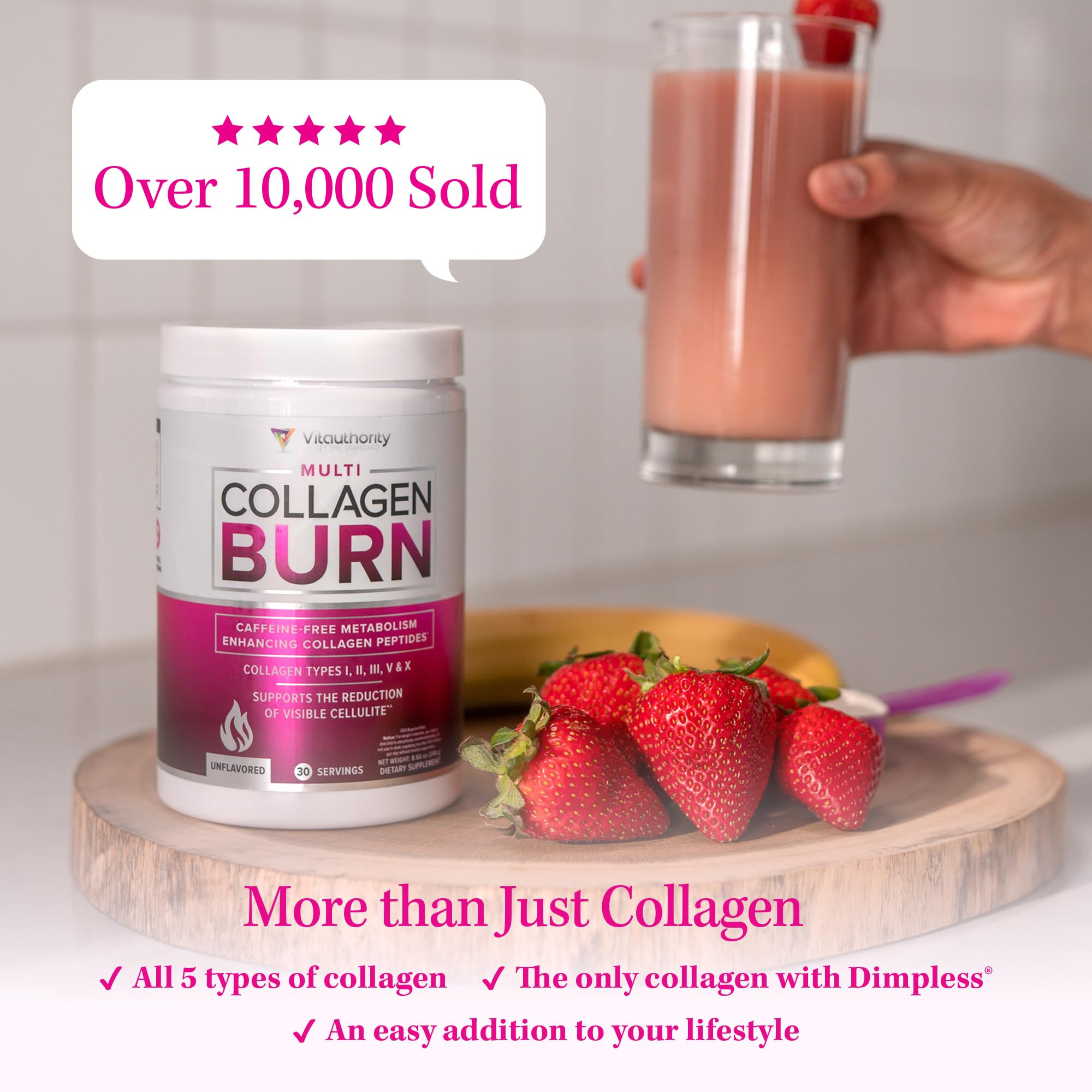 Vitauthority Multi Collagen Burn label close-up showing collagen types.