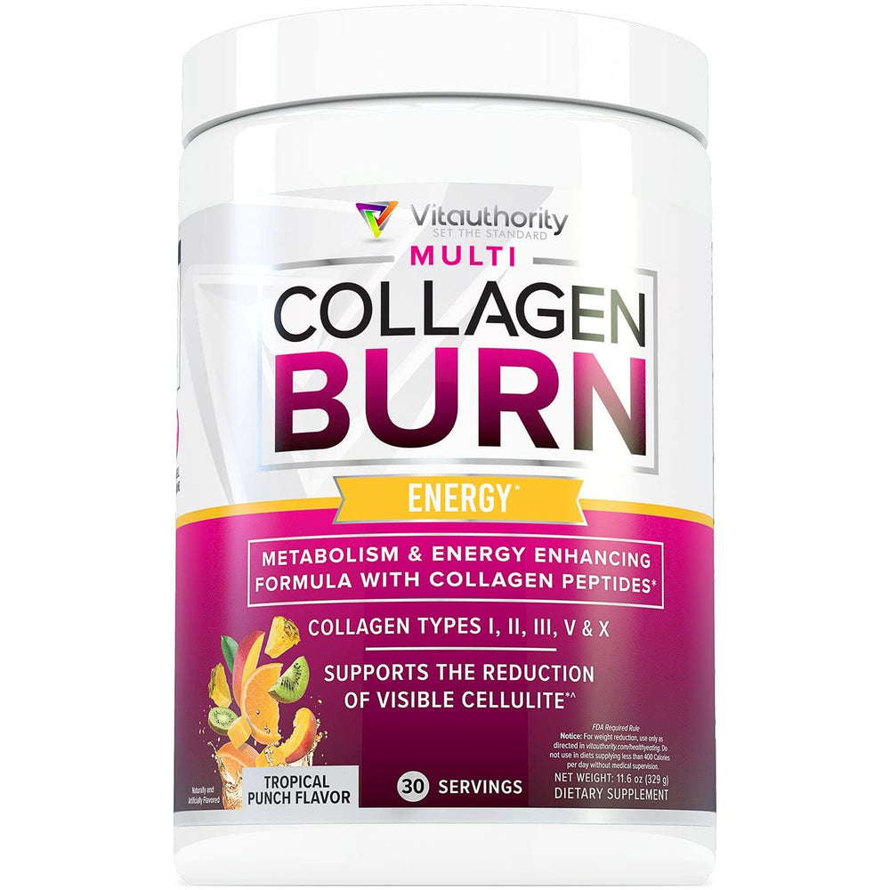 Vitauthority Multi Collagen Burn tropical punch bottle for daily wellness and flavor.
