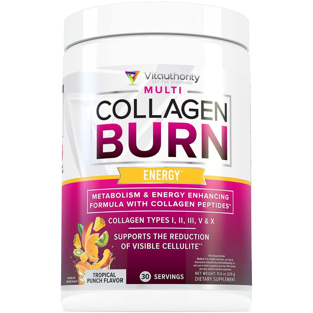 Vitauthority Multi Collagen Burn tropical punch bottle for daily wellness and flavor.
