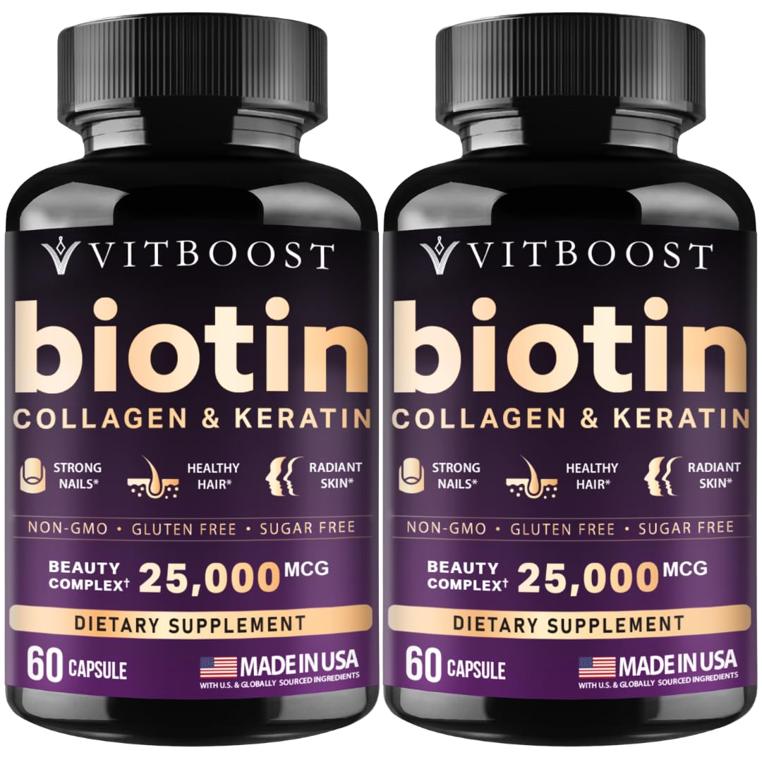 Vitboost Biotin with hyaluronic acid bottle supports hair, skin, and nails.