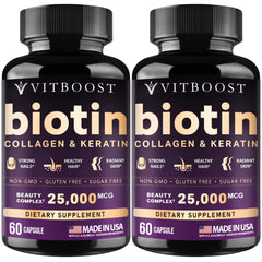 Vitboost Biotin with hyaluronic acid bottle supports hair, skin, and nails.