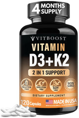 Vitboost D3 K2 complex bottle front with capsules for daily wellness.