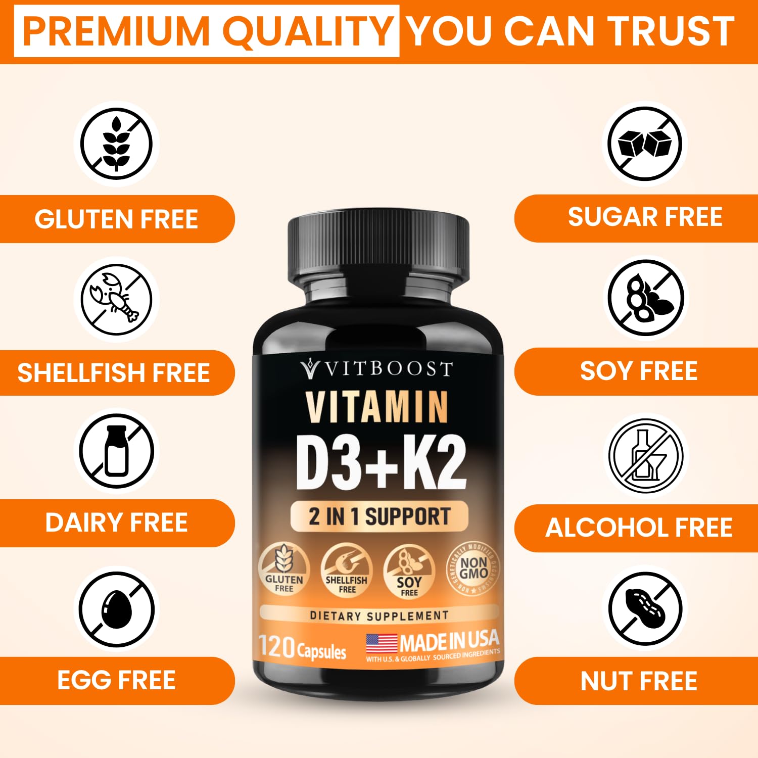 Vitboost D3 K2 label details highlight non-GMO and gluten-free features.