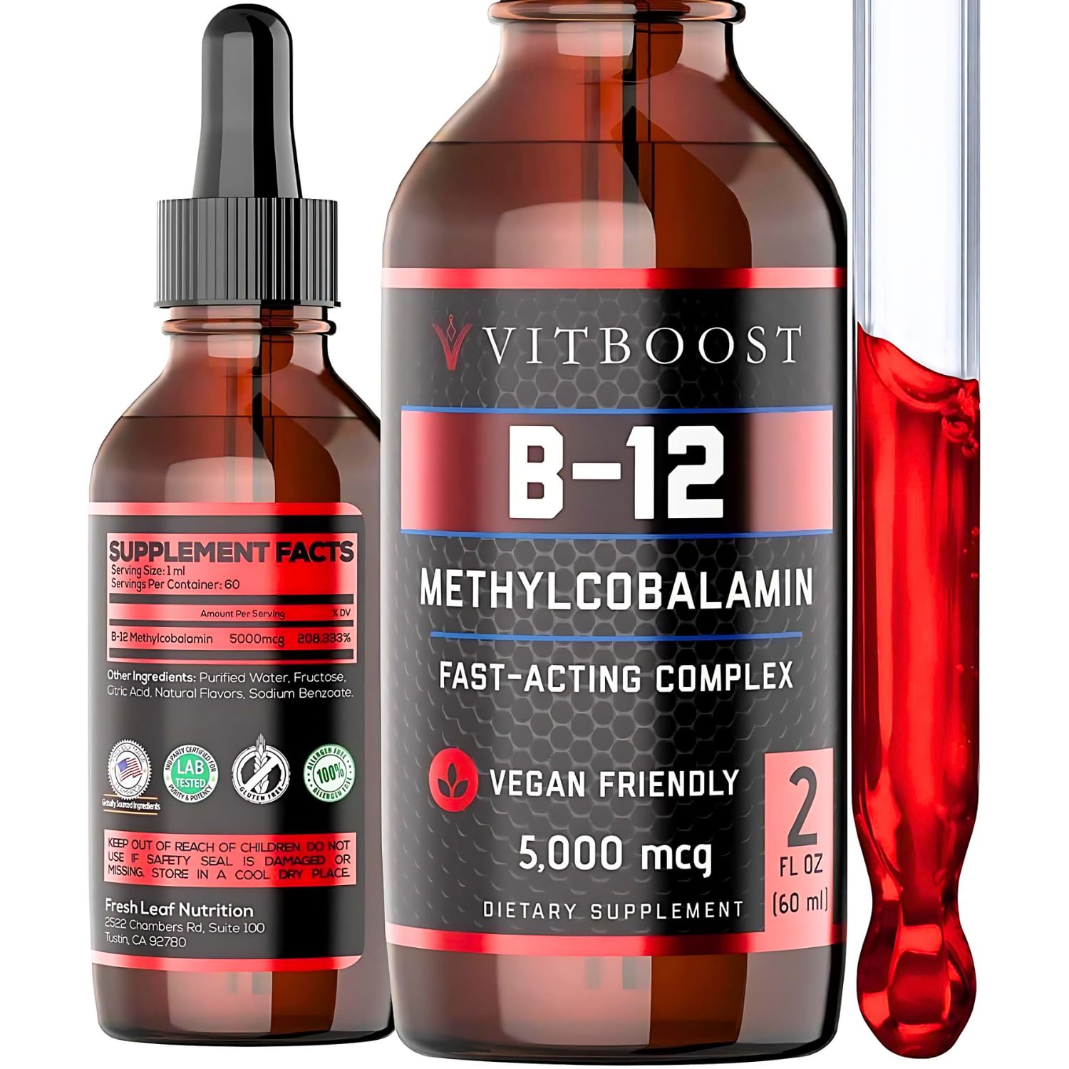 VITBOOST Raspberry B-12 drops bottle ready for quick energy support.