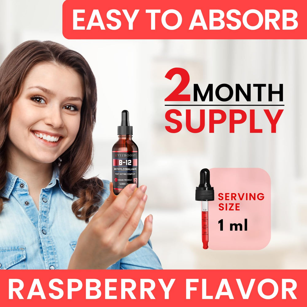 Label on VITBOOST B-12 drops highlights gluten-free and non-GMO features.