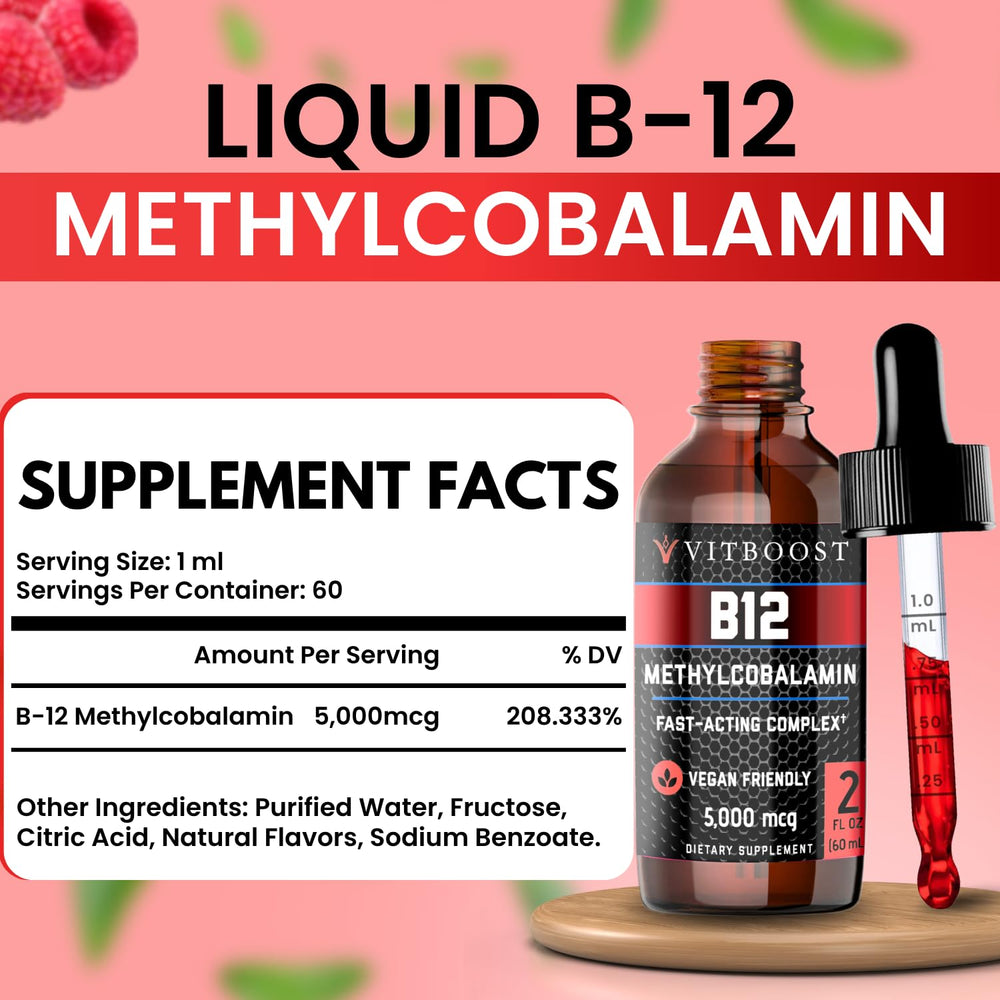 Pour action on VITBOOST Raspberry B-12 drops illustrating easy dosing.