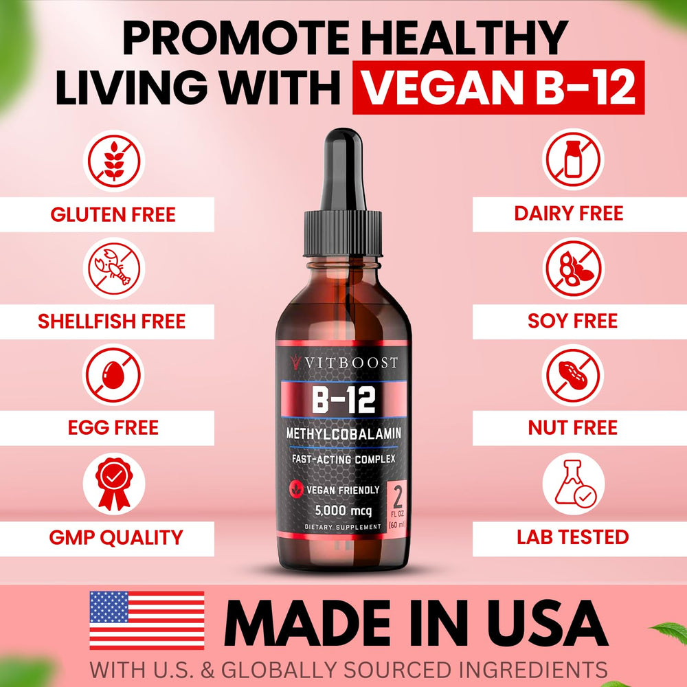 VITBOOST B-12 sublingual drops under tongue for fast absorption.