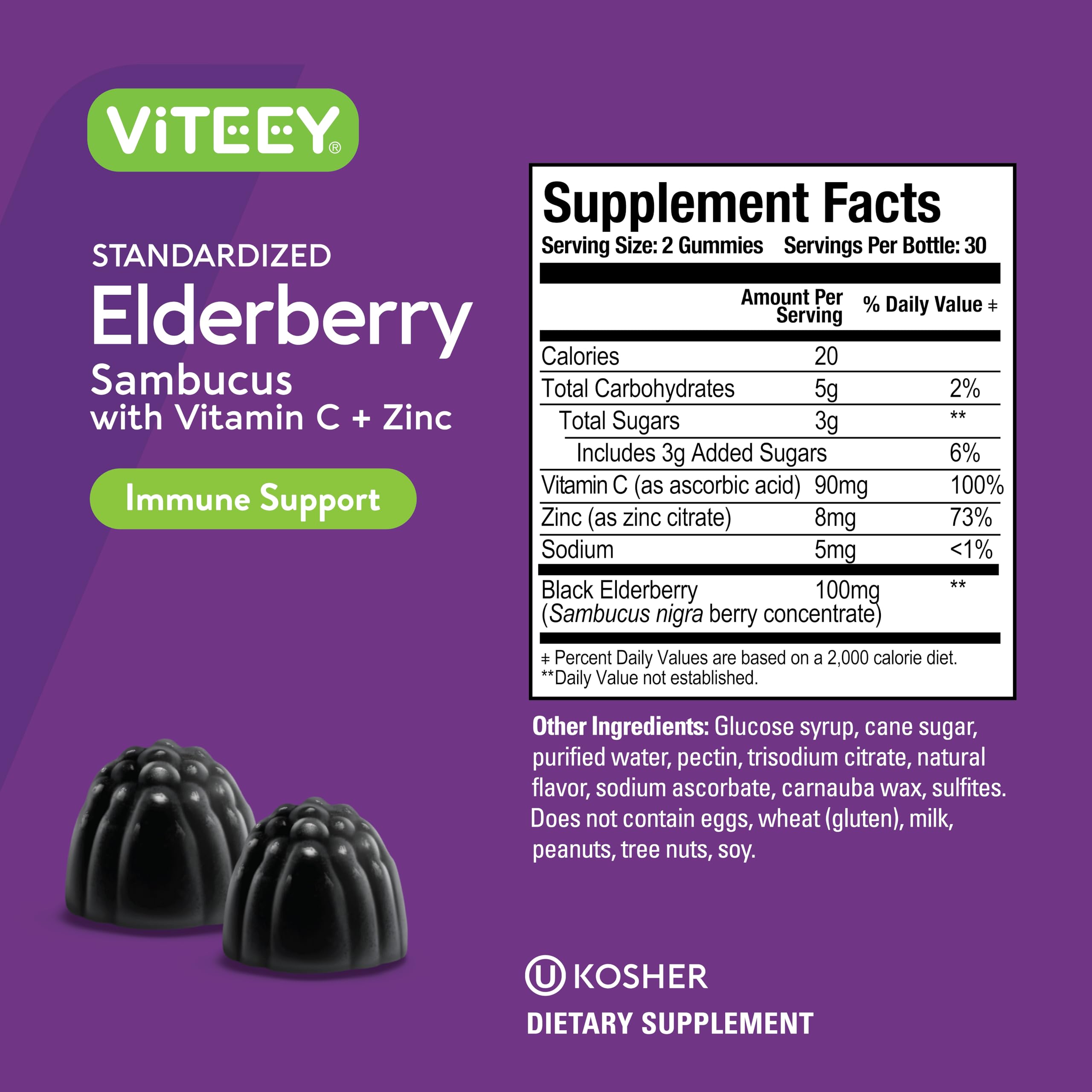 Viteey Sambucus Gummies label highlights vegan and gluten free features