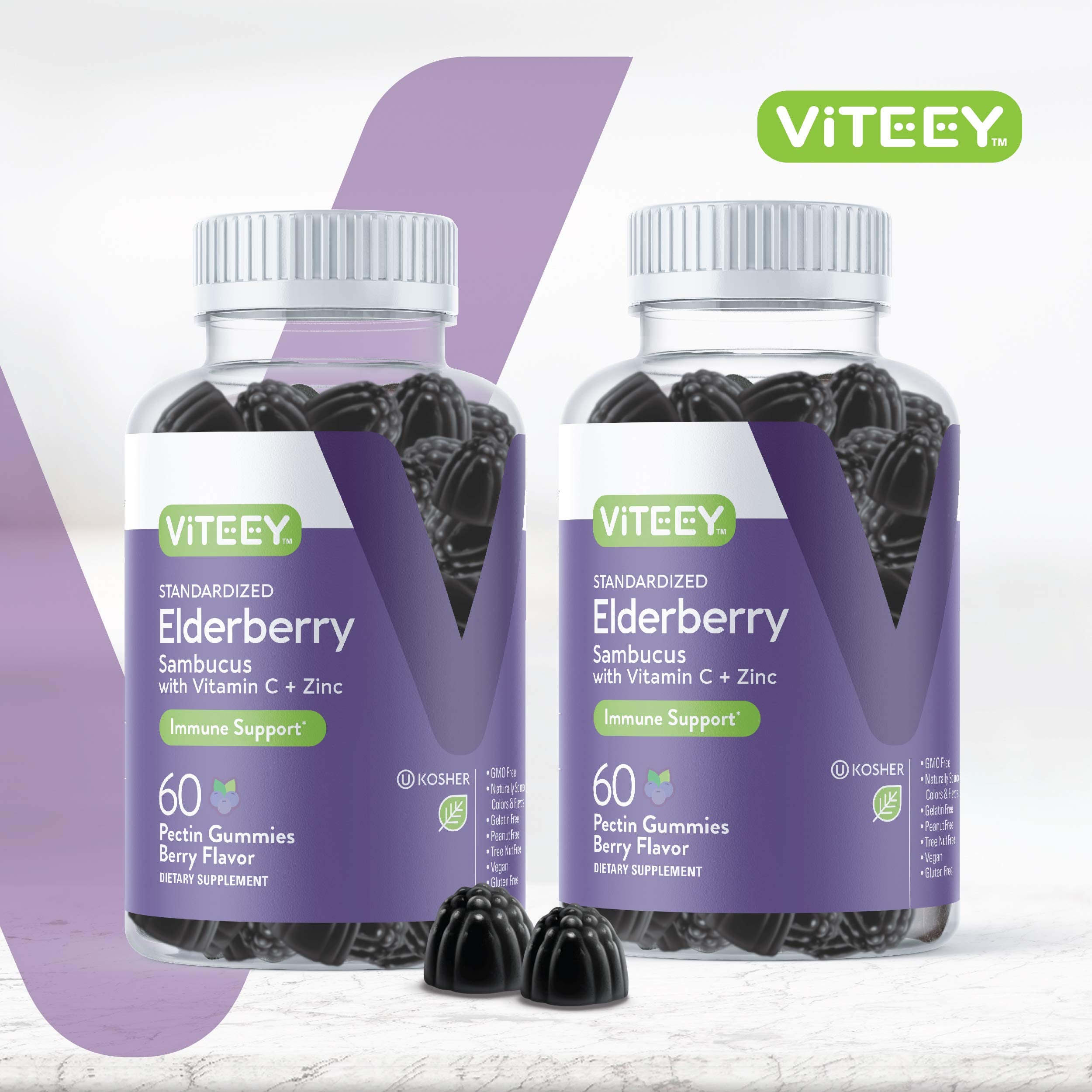 Viteey Sambucus Gummies serving image shows easy two-gummy daily serving