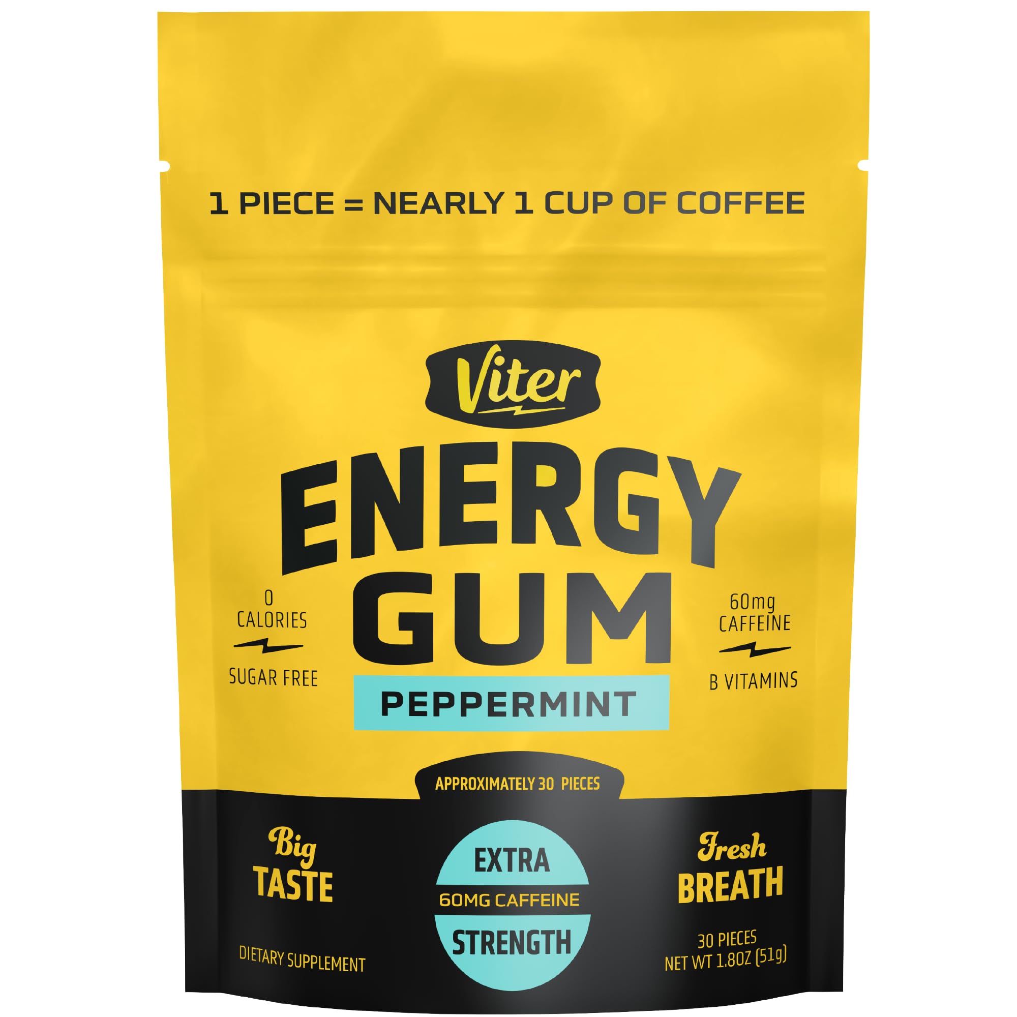 Viter Energy 60mg caffeine gum peppermint packfront boosts alertness on the go.