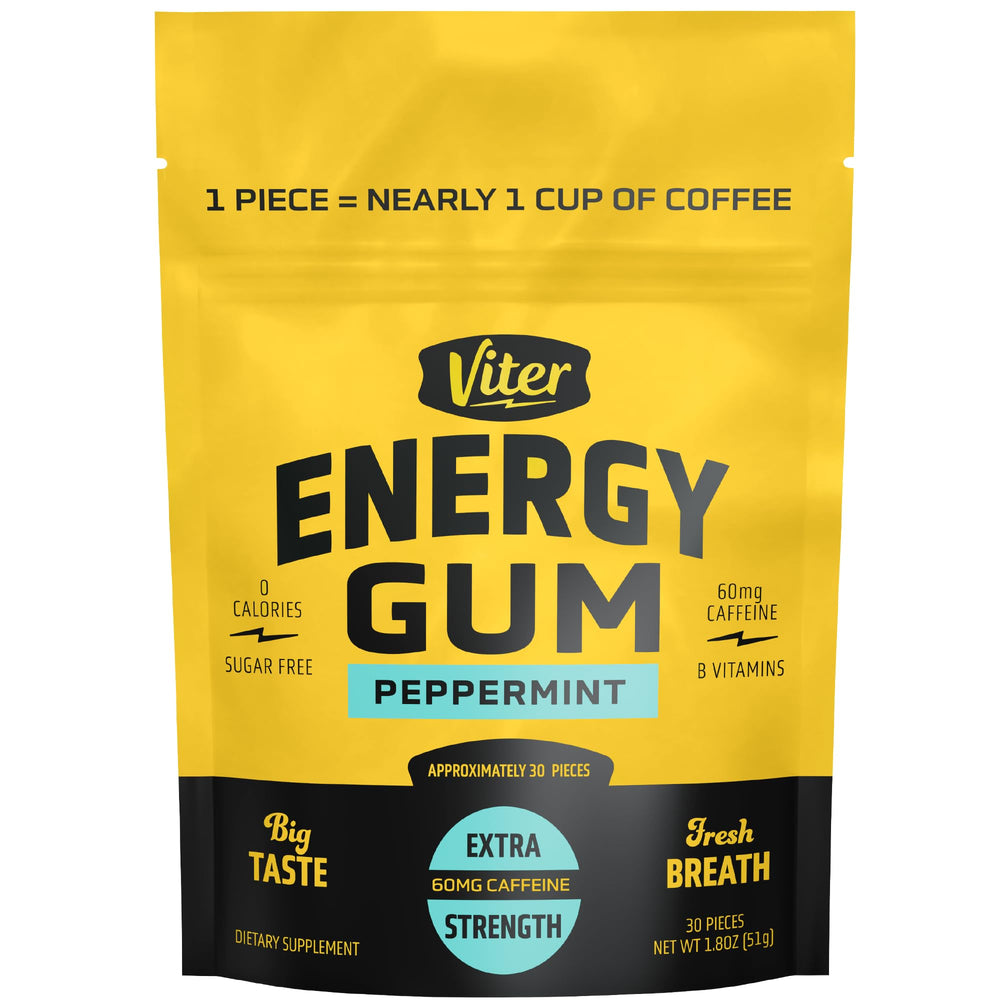 Viter Energy 60mg caffeine gum peppermint packfront boosts alertness on the go.