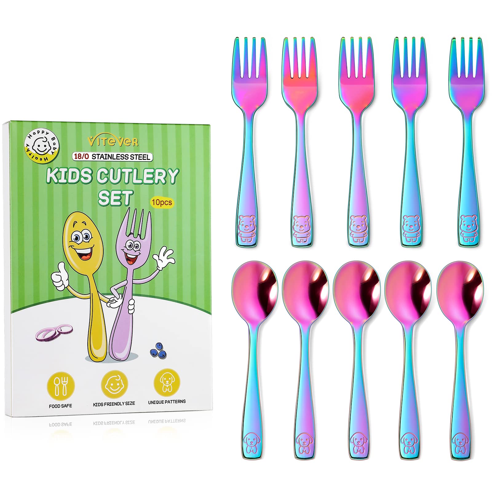 VITEVER rainbow toddler utensils with ergonomic handles for easy grasp.