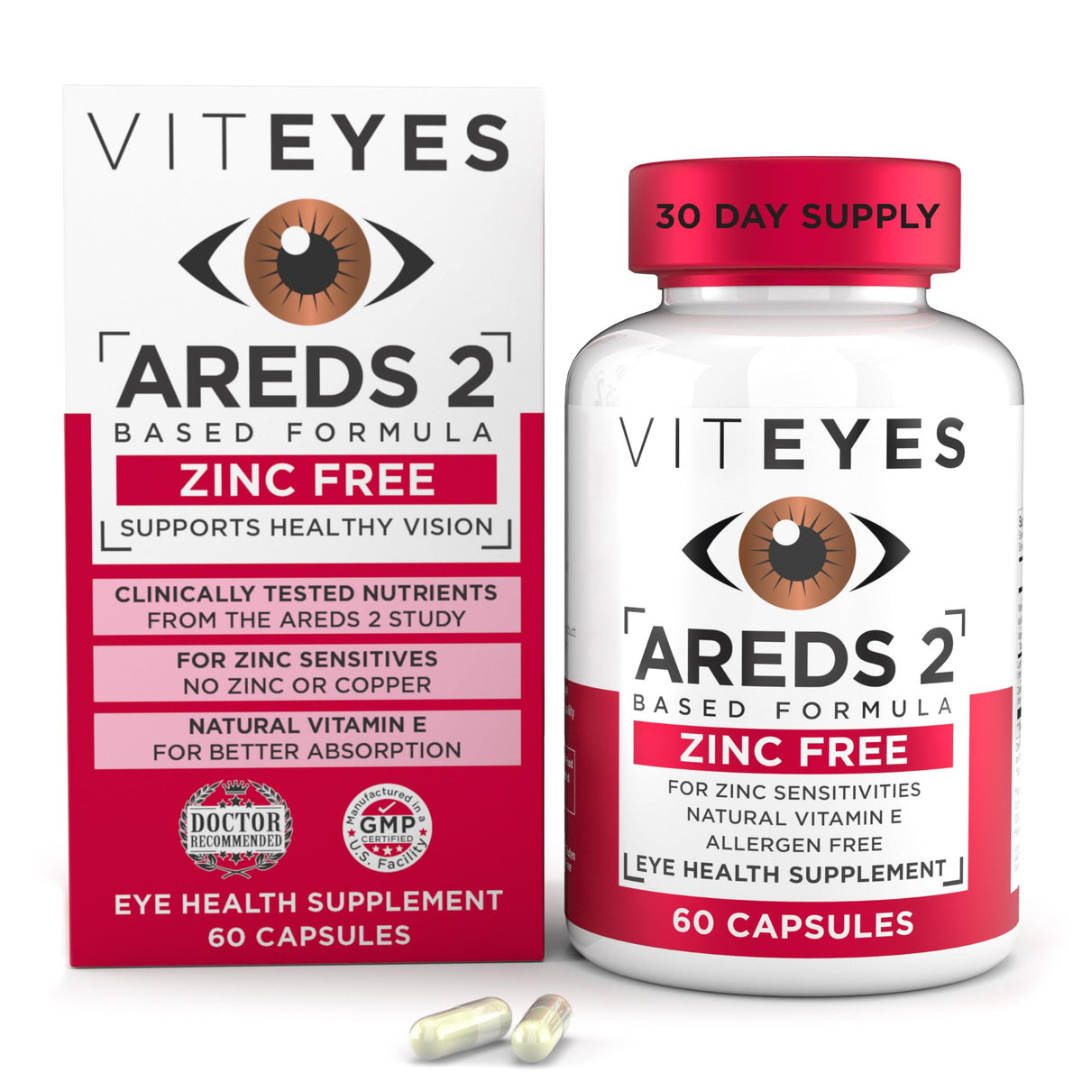 Viteyes AREDS2 Zinc Free bottle front shows a convenient daily eye vitamin.
