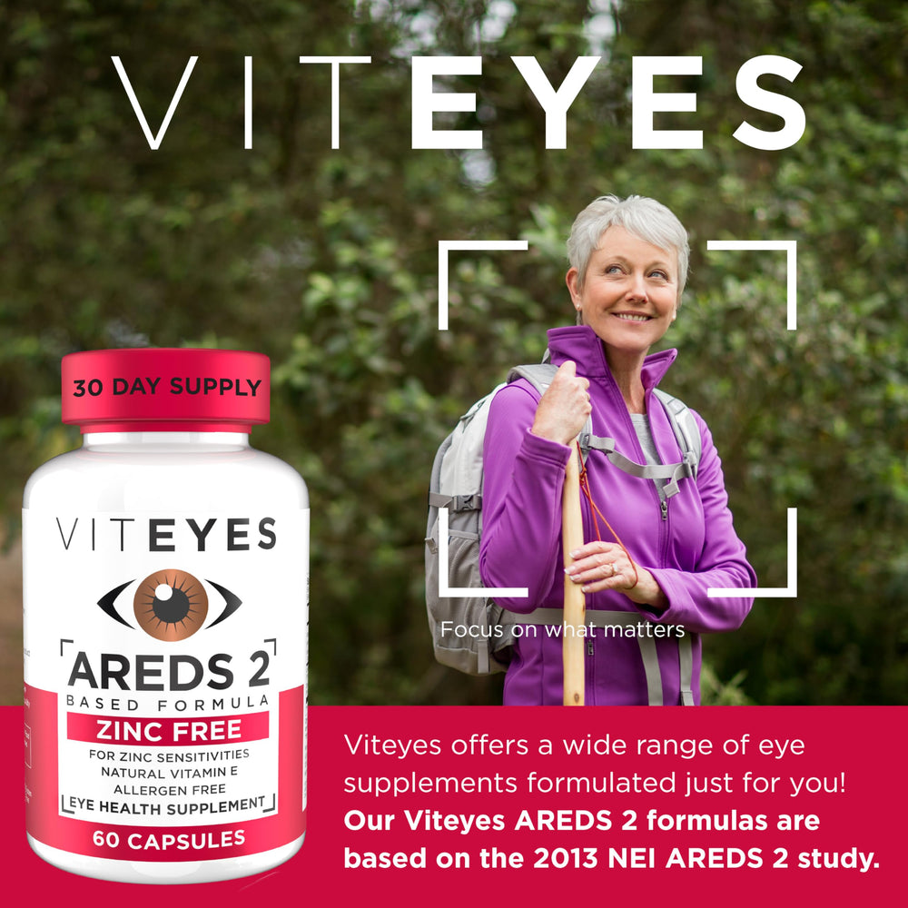 Close-up of capsules highlights zinc-free formula with lutein and zeaxanthin.