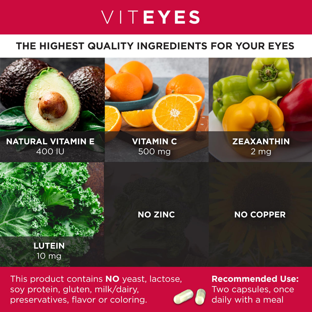 Packaging box displays the zinc-free AREDS2 ingredients and allergen-free promise.