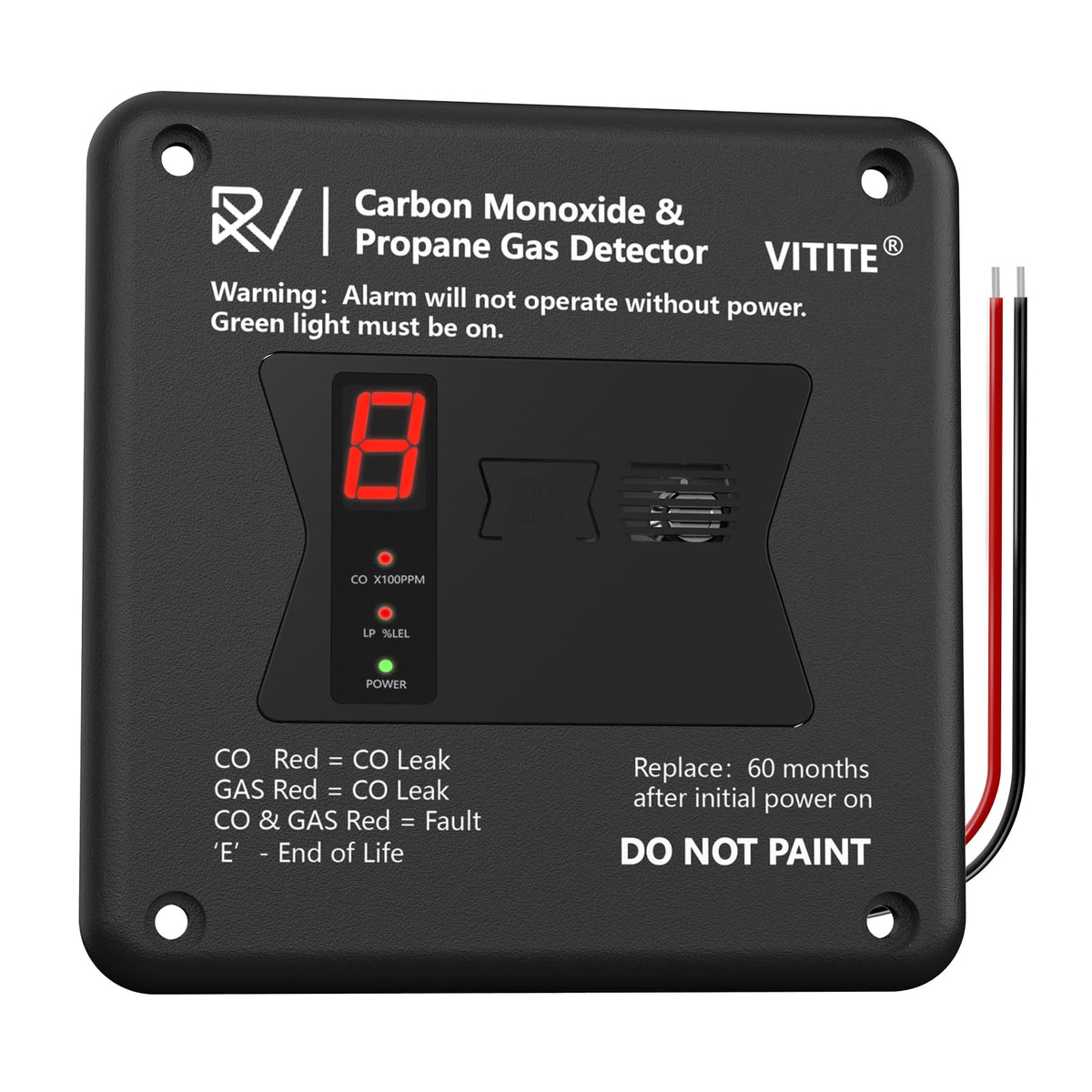 VITITE RV detector front view shows dual CO and LP sensors