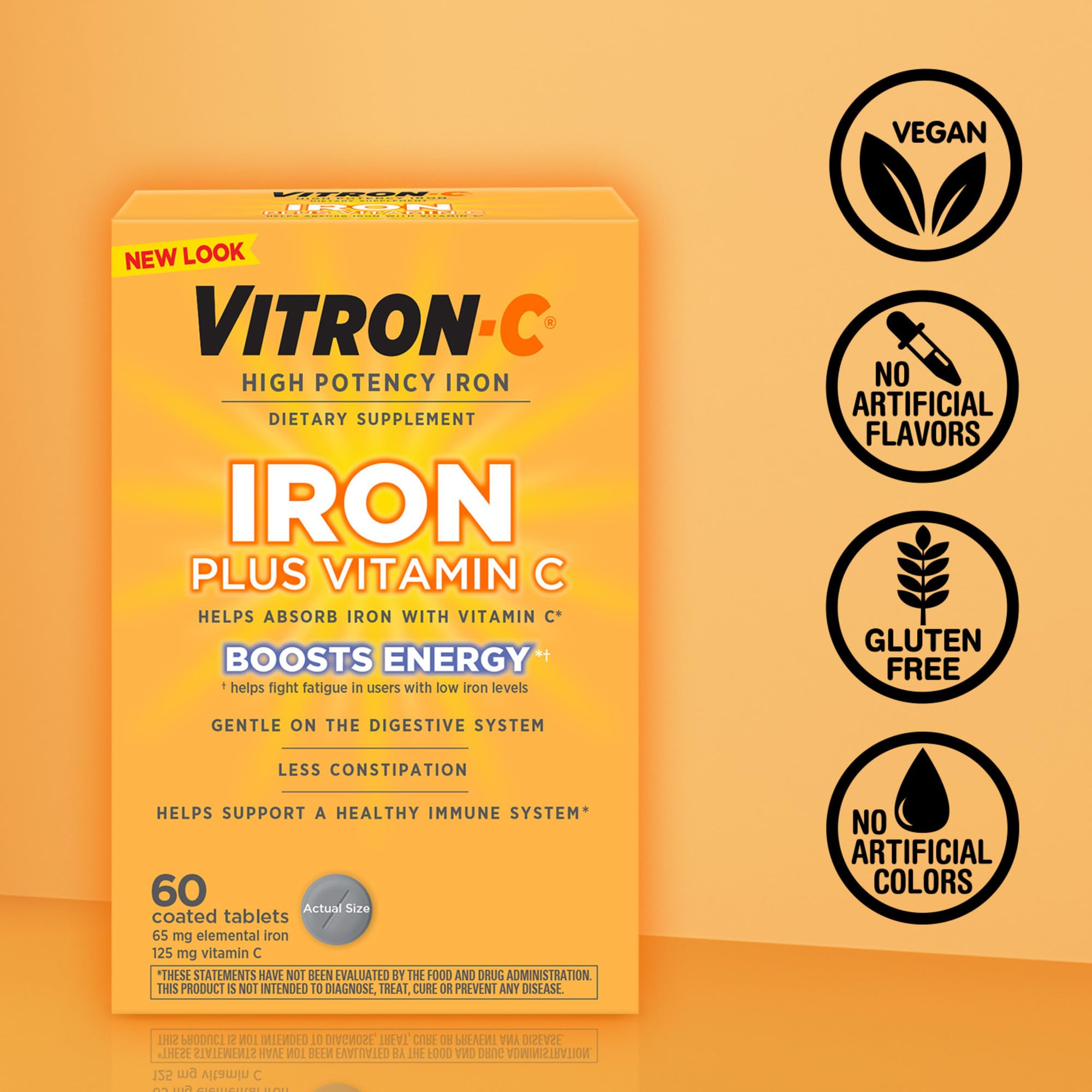 Gluten-free Vitron-C packaging highlighting vegan formula and user-friendly dosing.