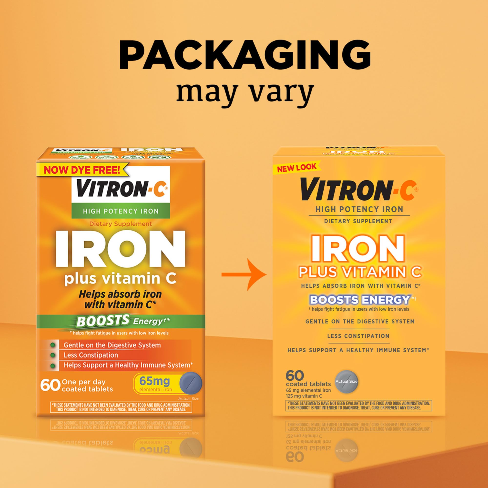 Close-up of a Vitron-C tablet highlighting high potency iron and vitamin C.