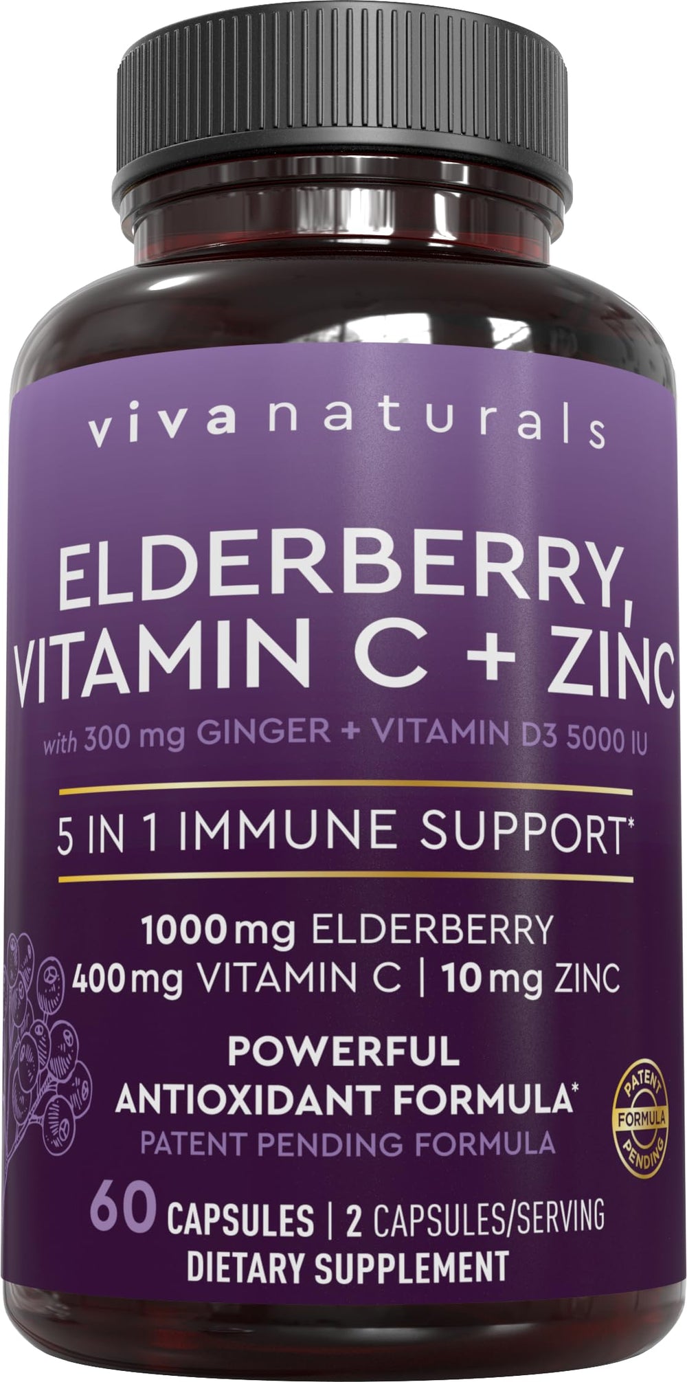 Viva Naturals elderberry bottle close-up highlighting high-potency elderberry for daily wellness